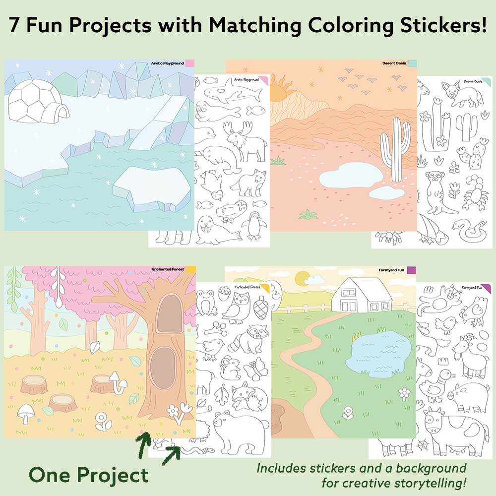 Animal Adventure Art & Craft Activity Kit with Coloring Stickers & Color Your Own Stickers – Create Your Story!