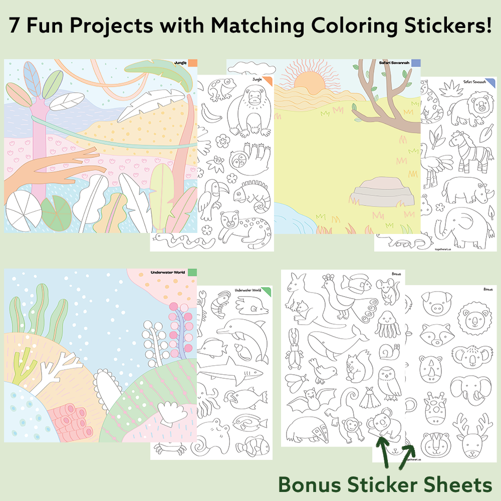 Animal Adventure Art & Craft Activity Kit with Coloring Stickers & Color Your Own Stickers – Create Your Story!