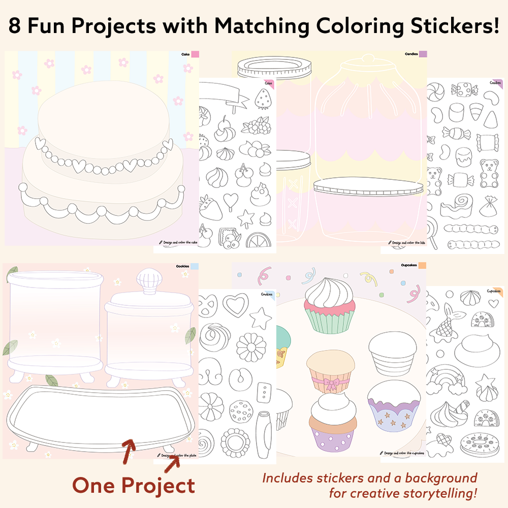 Dessert Art & Craft Activity Kit with Coloring Stickers & Color Your Own Stickers – Create Your Story!