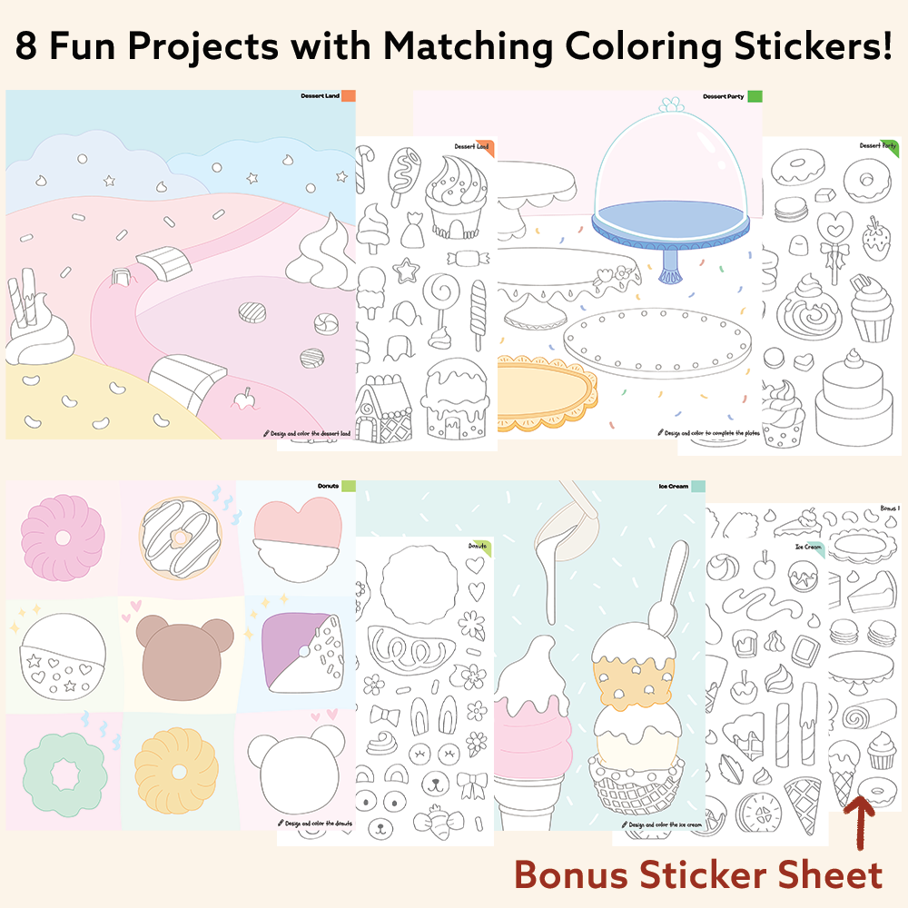 Dessert Art & Craft Activity Kit with Coloring Stickers & Color Your Own Stickers – Create Your Story!