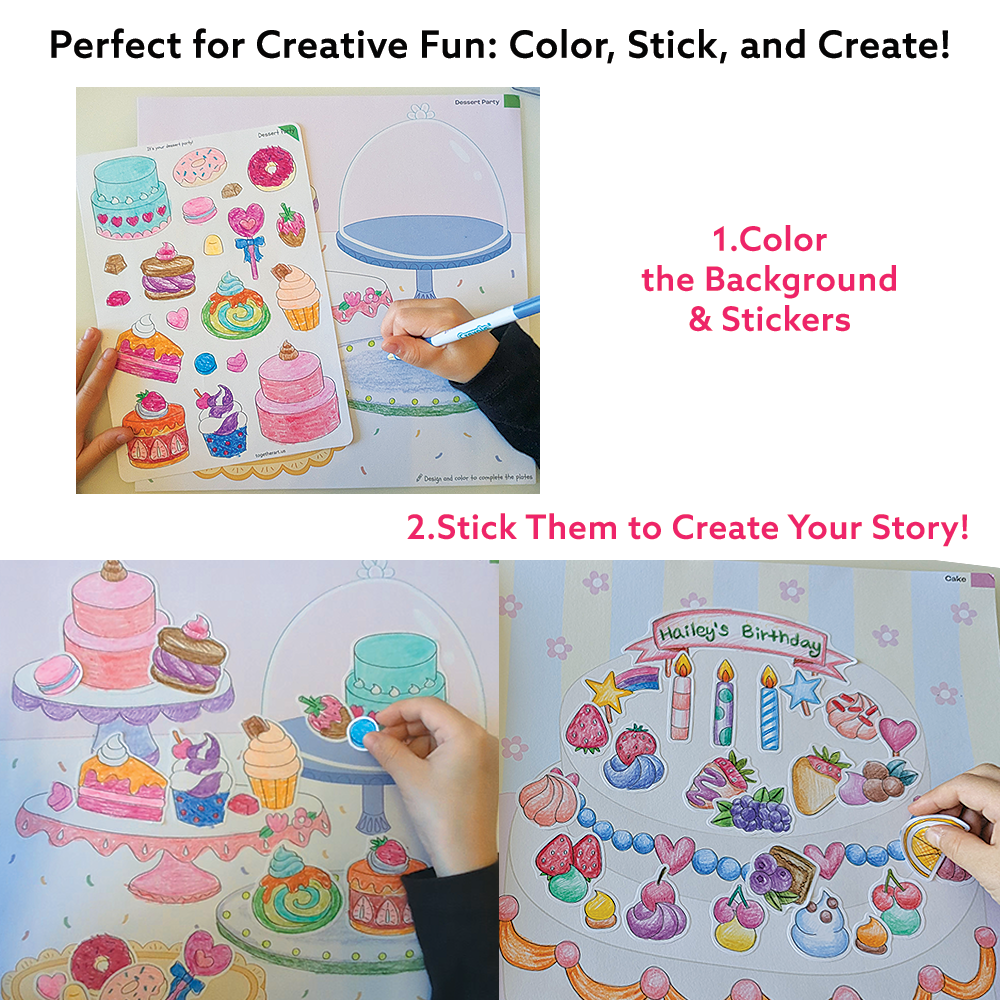 Dessert Art & Craft Activity Kit with Coloring Stickers & Color Your Own Stickers – Create Your Story!