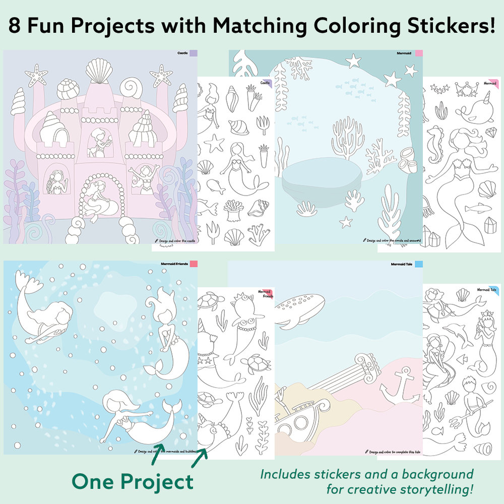 Mermaid Art & Craft Activity Kit with Coloring Stickers & Color Your Own Stickers – Create Your Story!