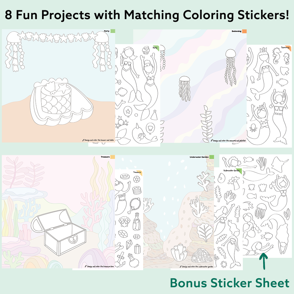 Mermaid Art & Craft Activity Kit with Coloring Stickers & Color Your Own Stickers – Create Your Story!