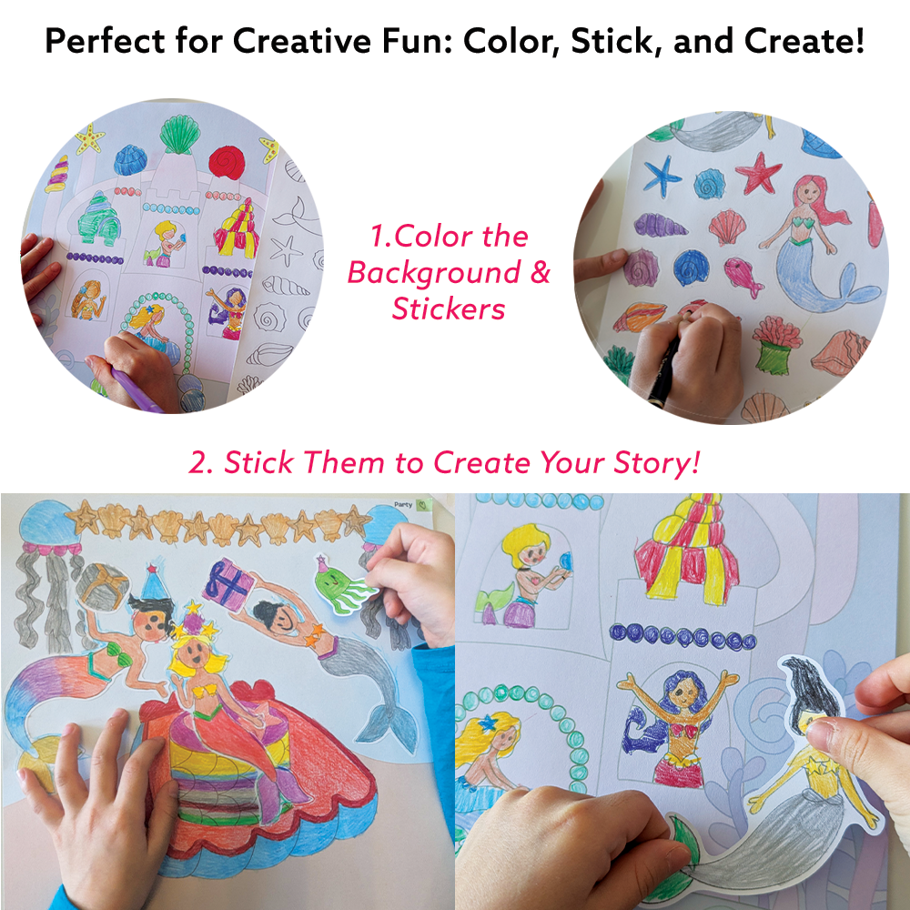 Mermaid Art & Craft Activity Kit with Coloring Stickers & Color Your Own Stickers – Create Your Story!