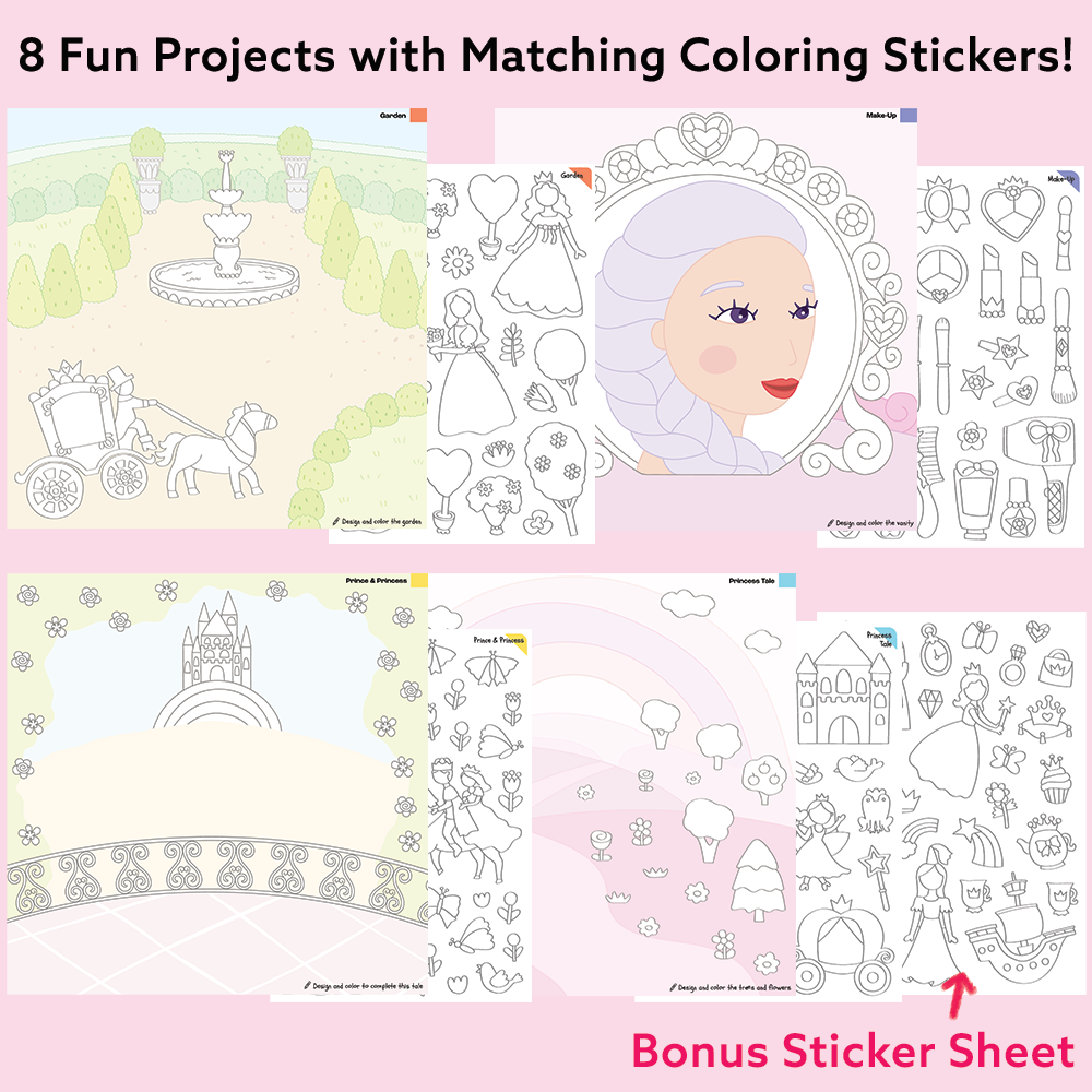 Princess Art & Craft Activity Kit with Coloring Stickers & Color Your Own Stickers – Create Your Story!