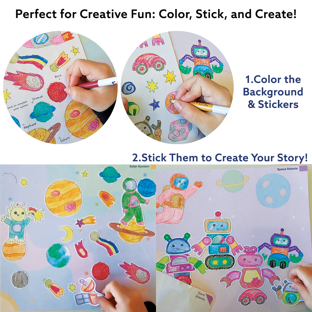 Outer Space Art & Craft Activity Kit with Coloring Stickers & Color Your Own Stickers – Create Your Story!
